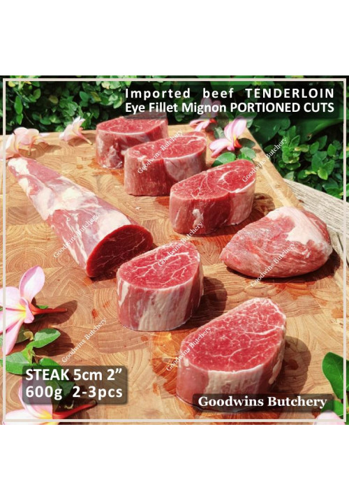 Beef Eye Fillet Mignon Has Dalam AGED TENDERLOIN "PR" (Prime) New Zealand TAYLOR PRESTON frozen steak 5cm 2" (price/pack 600g 2-3pcs)
